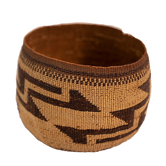 This fine tightly woven Northern California Native American Indian basket in unusual geometric pattern is in fine condition. The scale is so wonderful with a nice aged patina.  Circa 1910 - 1915