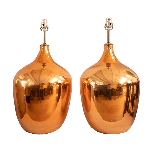 A pair of unique blown glass copper lamps