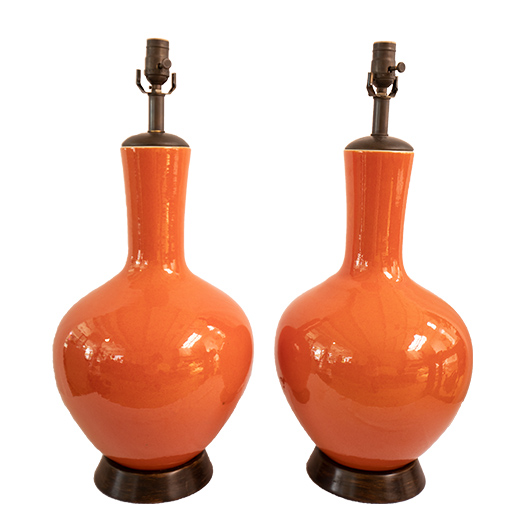 Modern Porcelain Urn lamps with bright Orange glaze